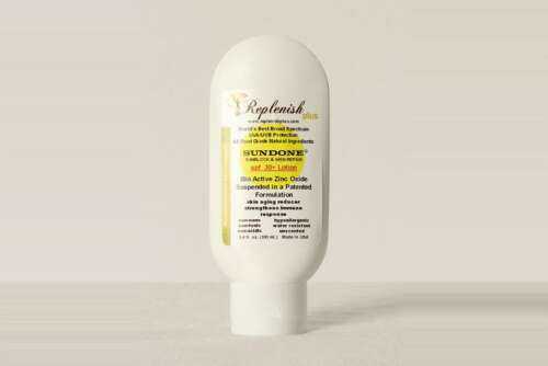 Replenish Plus G-Sundone Sunscreen in a white bottle