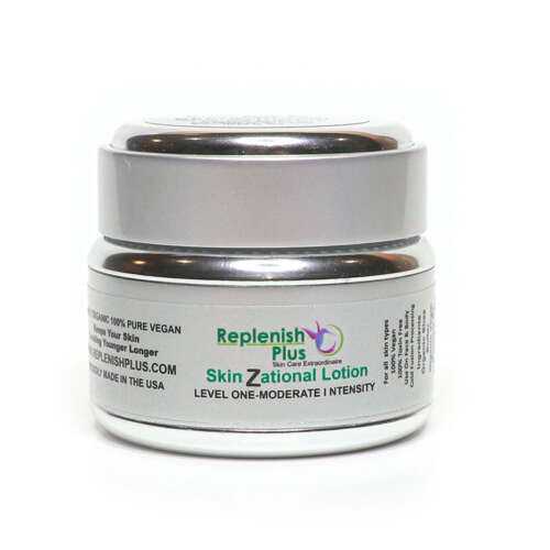 white and silver jar of Replenish Plus A Skinzational Moderate Intensity Cream