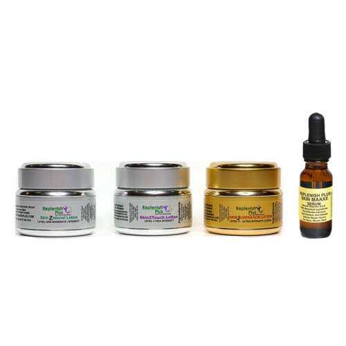 Replenish Plus L-Value Package two with two silver jars, gold jar and serum dropper