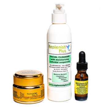 M 3 Step Skin System Program in yellow jar with white bottle pump and serum dropper